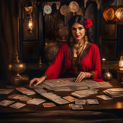 A fortune teller preparing to tell fortune with tarot cards.